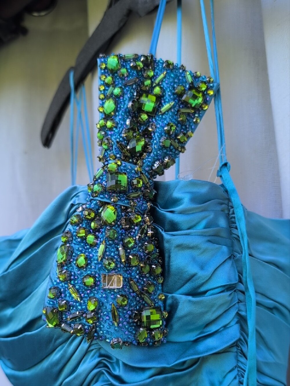 Jovani 155788 Turquoise One-Shoulder Ruched Satin Evening Gown with Beaded Bow - Picture 2 of 7